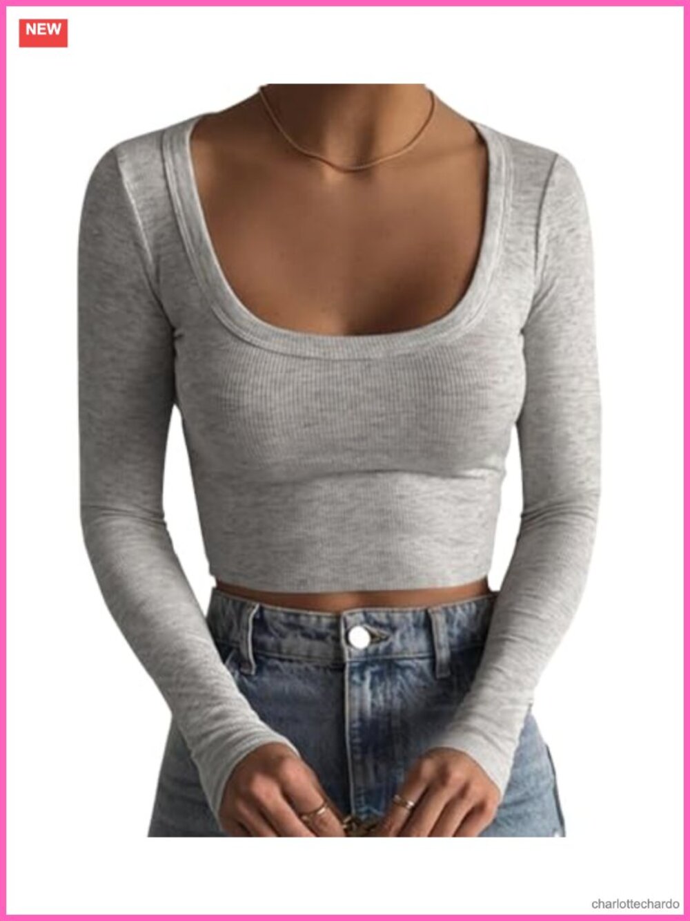 Women's Ribbed Knit Square Neck Long Sleeve Slim Fit Crop Top